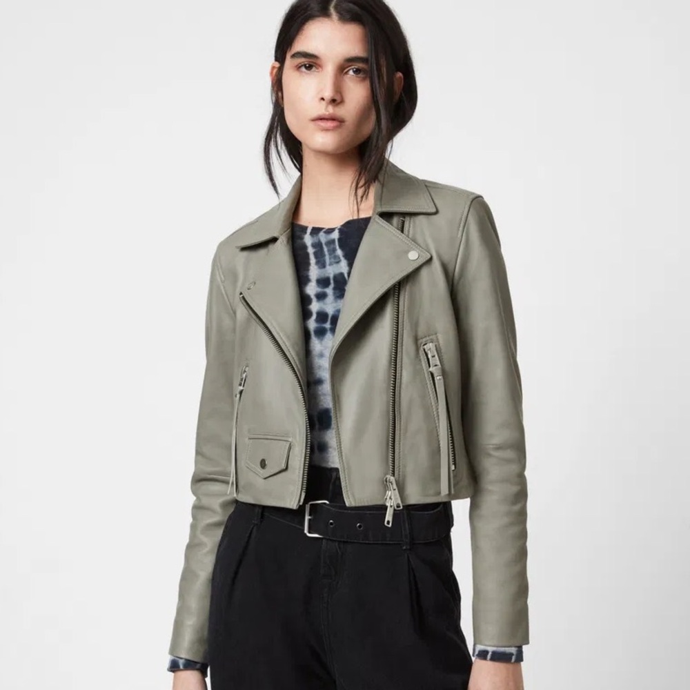 ALL SAINTS Elora Leather Biker Jacket in Sage Green